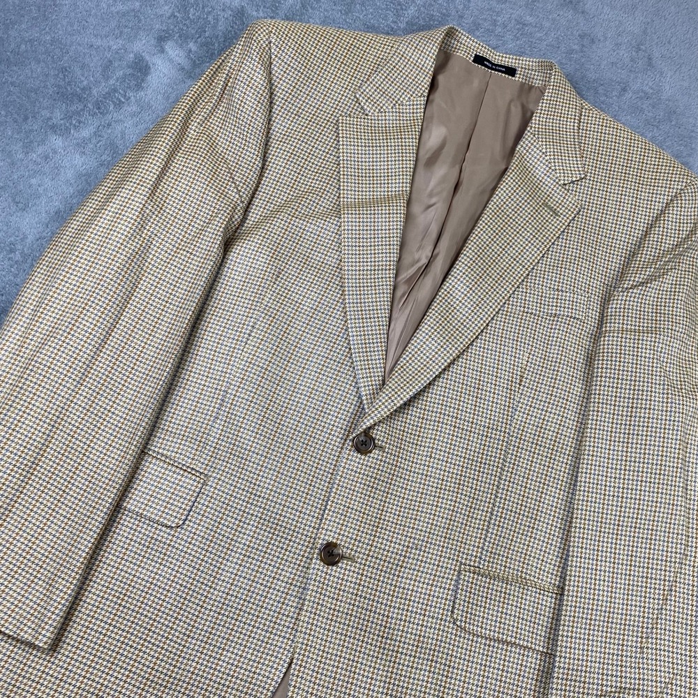 Lauren Ralph Lauren Mens 44R Blazer Tan Blue 100% Silk Houndstooth Sport Coat
